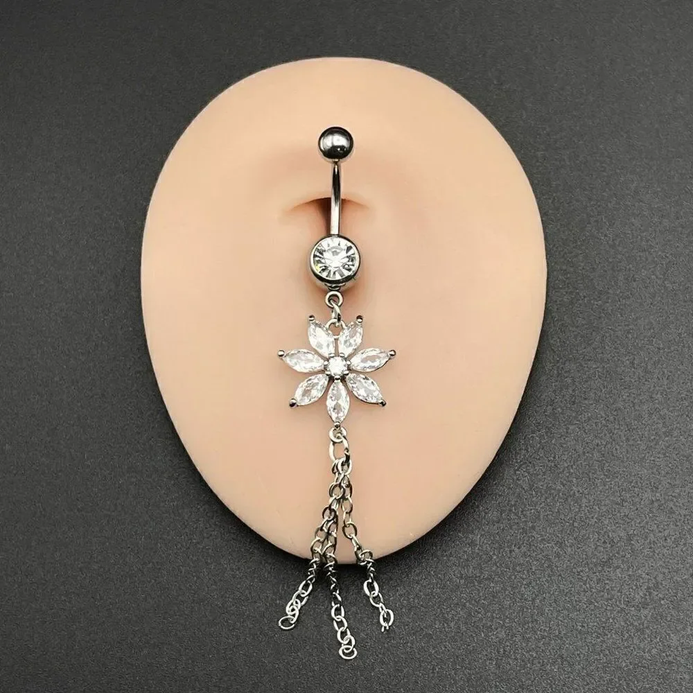 316L Stainless Steel with White Diamond Cubic Zirconia Flower 14G Belly Ring